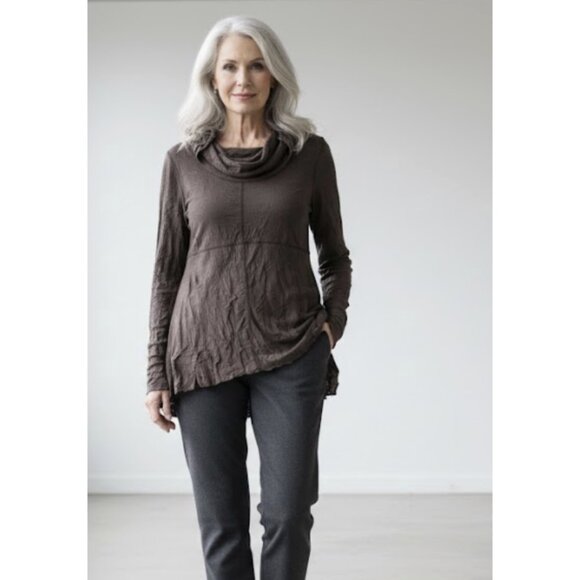 Snoskins Tops - SNOSKINS Cowl Neck Crinkle Lagenlook Art To Wear Tunic Top in Chocolate Brown